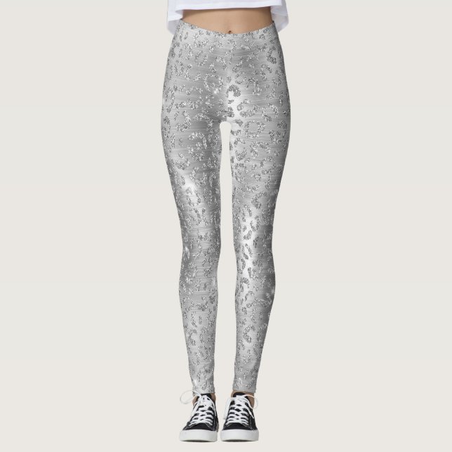 Stilfullt silver glitter vilda leopardfläckar möns leggings (Framsida)