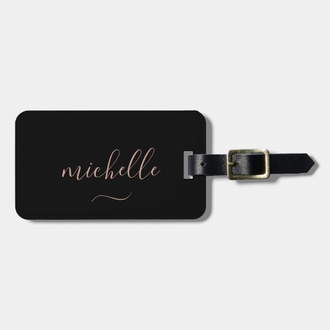 Stilfullt skript monogram svart guld flickaktig  bagagebricka (Horisontell Framsida)