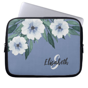 Stilfullt vattenfärg blomstermonogram namn Blått Laptop Fodral