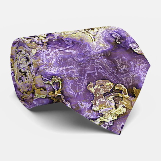 Stilfullt Violett Lila Guld Agat Marmor Konst Möns Slips (Rullad)