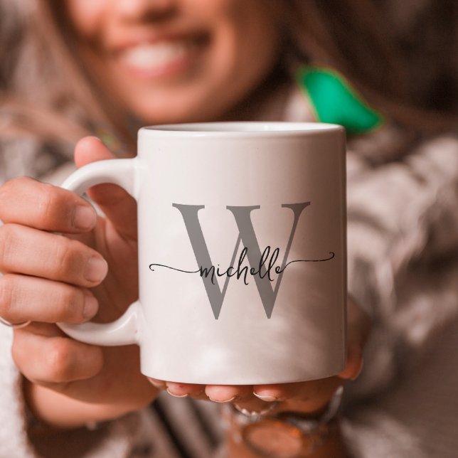 Stilfullt Vitt Monogram Namn Kalligrafi Skrift Kaffemugg (Skapare uppladdad)