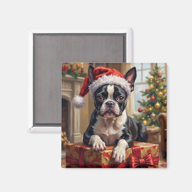 Stilig Boston Terrier Hund Julpresent Magnet (Front/Back)