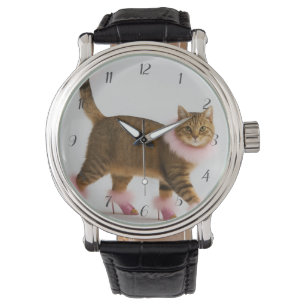 Stilig katt i rosa klackar och fluffig glamour Armbandsur