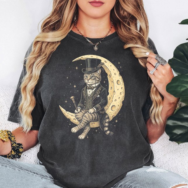 Stilig Katt Måne Herrkonst T Shirt (Skapare uppladdad)
