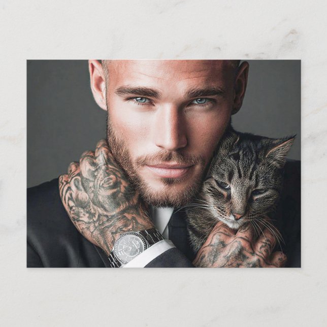 Stilig Man & Katt Konst Kort (Framsida)