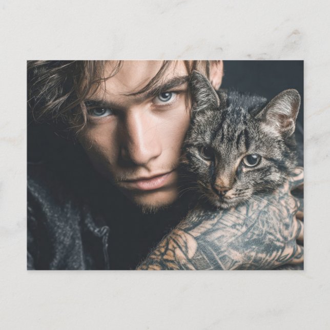 Stilig Man & Katt Konst Kort (Framsida)
