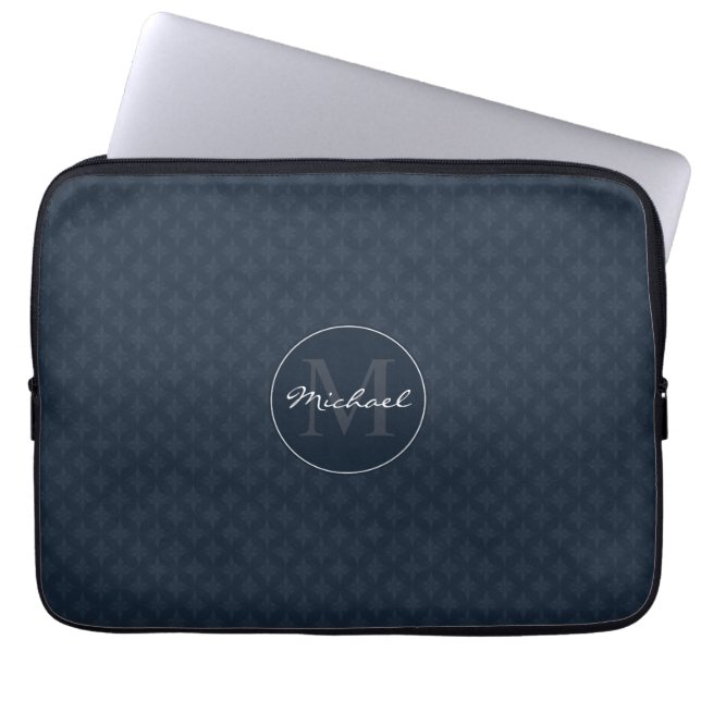 Stilig mörk marinblå personligMonogram Laptop Fodral (Framsidan)