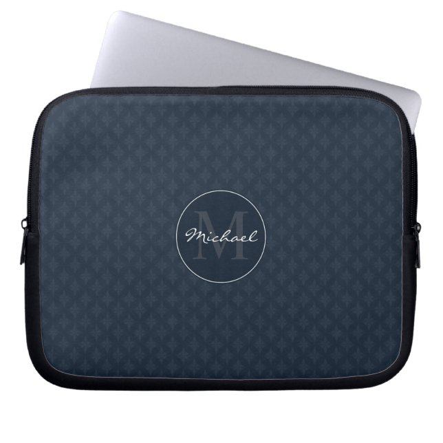 Stilig mörk marinblå personligMonogram Laptop Sleeve (Framsidan)