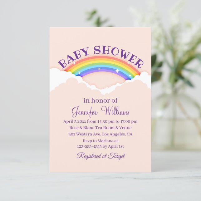 stilig söt regnbåge och moln rosa baby shower inbjudningar (Stående Fram)