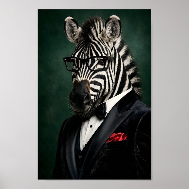 Stilig Zebra i Svart Sammets Smoking och Läsande Poster (Framsidan)
