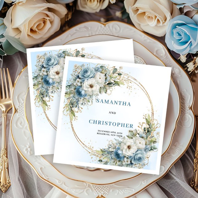 Stiliga blå blommor guld ram bröllopsservetter pappersservett (Chic Blue Flowers Gold Frame Wedding Napkins)