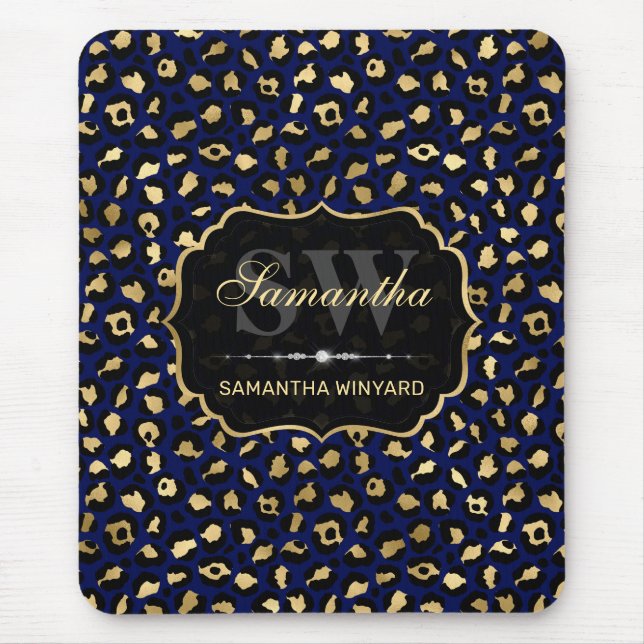 Stiliga blå och guld folie leopardfläckar monogram musmatta (Framsidan)