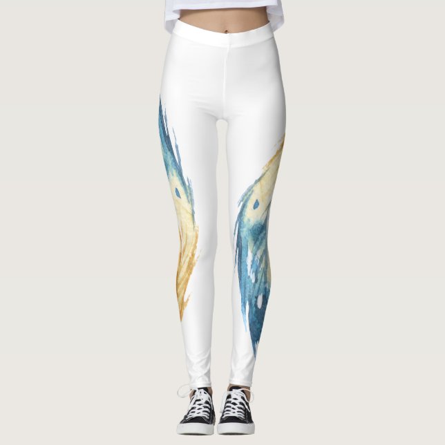 Stiliga blåa fjädrar på vita leggings (Framsida)