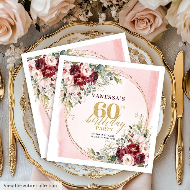 Stiliga Boho Djupröda Blommiga 60-års Födelsedagss Pappersservett (Stylish Boho Deep Red Floral 60th Birthday Napkins)