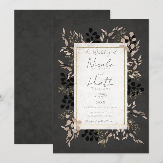 Stiliga botaniska blad Grått rodnad Guld Bröllop Inbjudningar (Fram/baksida)