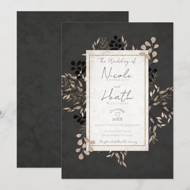Stiliga botaniska blad Grått rosa guld Bröllop Inbjudningar (Fram/baksida)