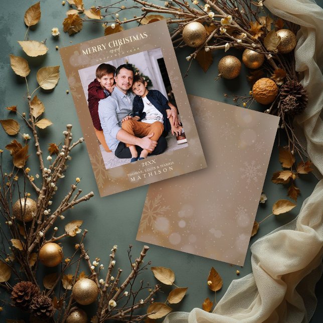 Stiliga bruna snöflingor jul modern foto (Stylish Brown Snowflakes Christmas Modern Photo Family Holiday Cards.)