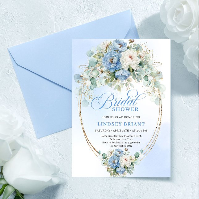 Stiliga dammiga blå blommor grönska bröllopsdusch inbjudningar (Stylish Dusty Blue Flowers Greenery Bridal Shower

)