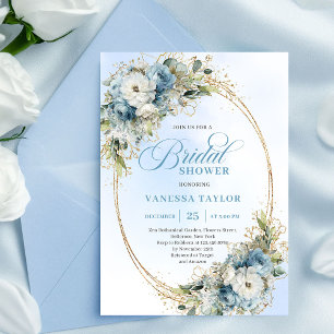 Stiliga dammiga blå blommor Guld Ram Bröllopsfest  Inbjudningar
