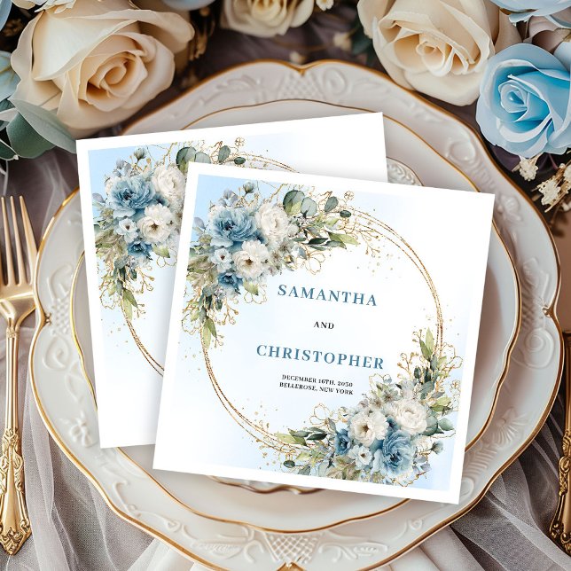 Stiliga dammiga blå rosor bröllopsservetter pappersservett (Stylish Dusty Blue Roses Wedding Napkins)