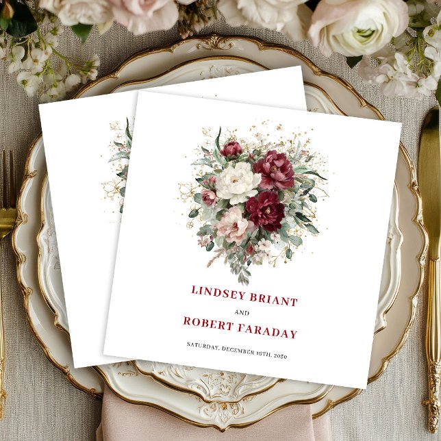Stiliga djupröda blom- eukalyptus- och guldservett pappersservett (Stylish Deep Red Floral Eucalyptus Gold Napkins)