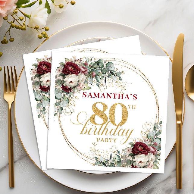 Stiliga djupröda blom-nappar till 80-årsfirande pappersservett (Stylish Deep Red Floral 80th Birthday Napkins)
