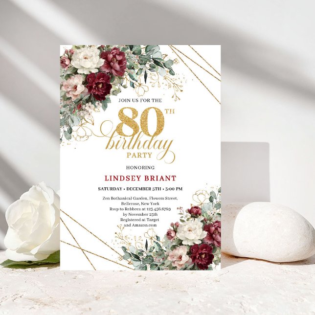 Stiliga djupröda blommor Eukalyptus Guld 80-års fö Inbjudningar (Stylish Deep Red Flowers Eucalyptus Gold 80th Birthday Card

)