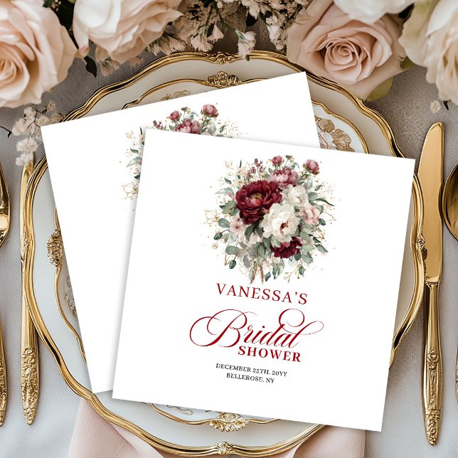 Stiliga djupröda blomsterbröllopsduschservetter pappersservett (Stylish Deep Red Floral Bridal Shower Napkins)