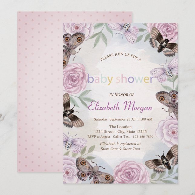 Stiliga fjärilar Blommor prickiga Baby Shower  Inbjudningar (Fram/baksida)