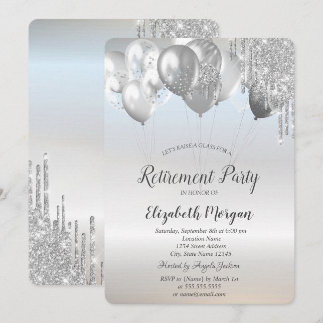 Stiliga glitterdroppande ballonger silver pensione inbjudningar (Fram/baksida)