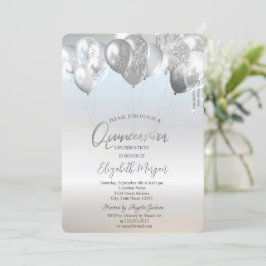 Stiliga glitterdroppballonger Silver Quinceañera Inbjudningar