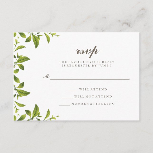 Stiliga gröna botaniska blad Bröllop RSVP OSA Kort (Framsida)