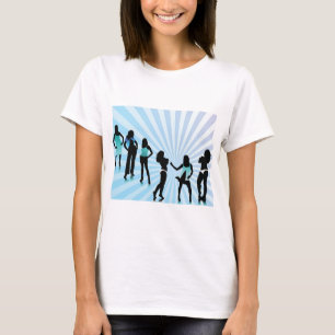 Stiliga Kvinnor Siluetter Teal Blå Mode T Shirt