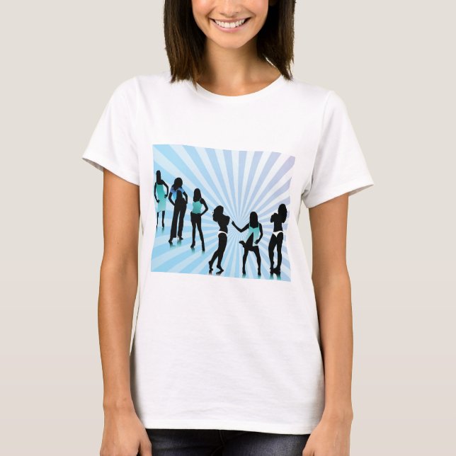 Stiliga Kvinnor Siluetter Teal Blå Mode T Shirt (Framsida)