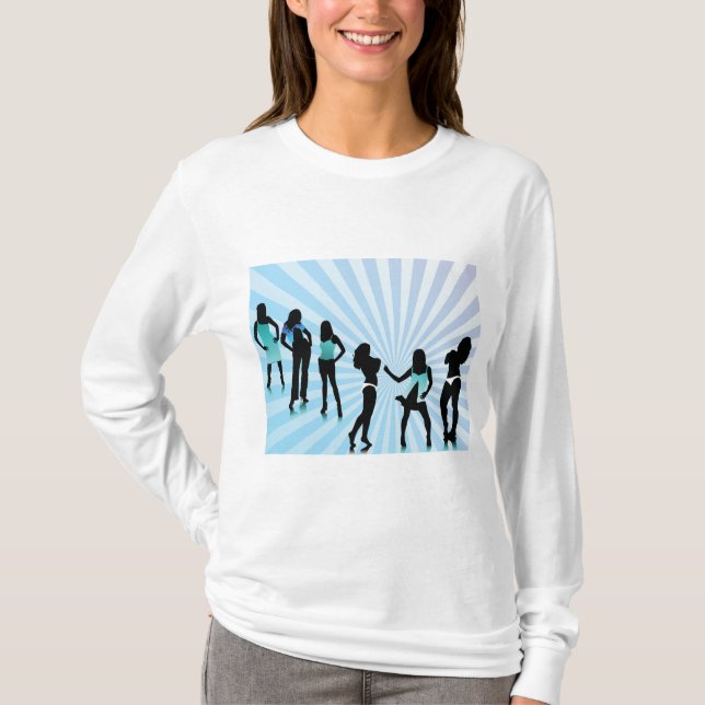 Stiliga Kvinnor Siluetter Tealblå Mode T Shirt (Framsida)