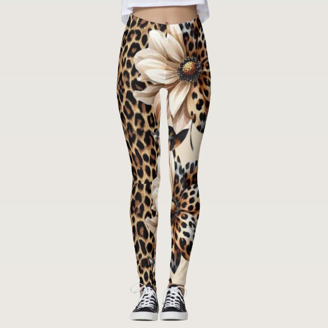 Stiliga leopardmönster med solrosdetalj leggings (Framsida)