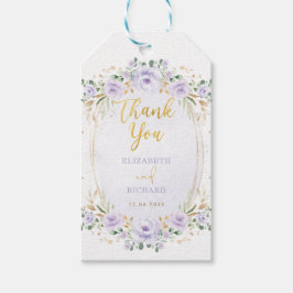 Stiliga lila guldblommiga bröllopsfavoriter presentetikett