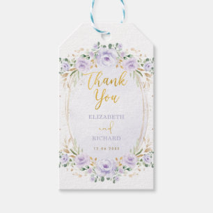 Stiliga lila guldblommiga bröllopsfavoriter presentetikett