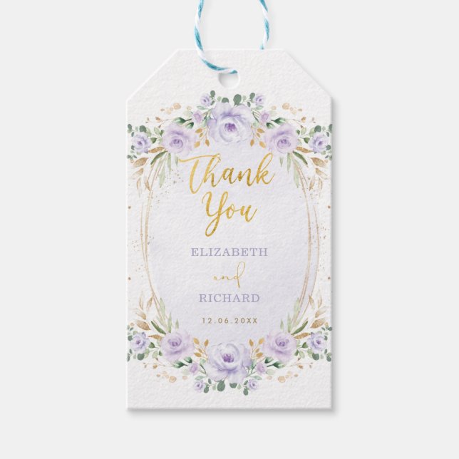Stiliga lila guldblommiga bröllopsfavoriter presentetikett (Framsidan)