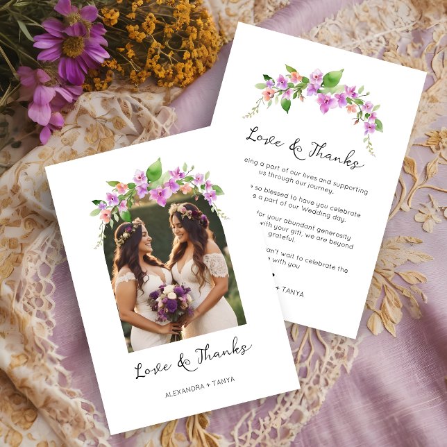 Stiliga lila nyanser Blommig valv fotografering Br Tack Kort (Stylish Purple Shades Floral Arch Photo Wedding Thank You Card.)