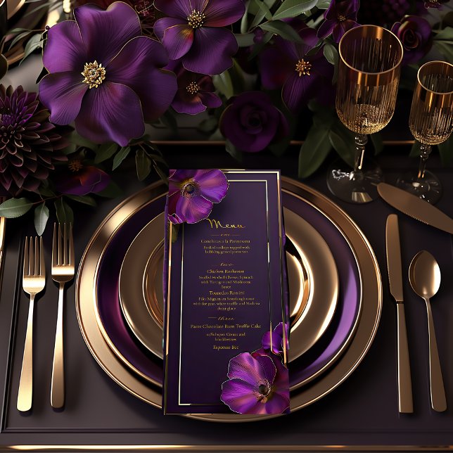 Stiliga Lysande Violetta Blommiga Bröllop Meny (Sleek Luminous Violets Floral Wedding Menu )