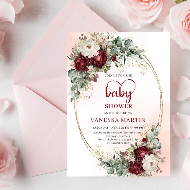 Stiliga Marsala Blommor Grönska Bebis Shower Kort (Stylish Marsala Flowers Greenery Baby Shower Card

)