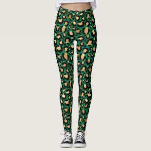 Stiliga mörkgröna och guldfolie leopardfläckar leggings