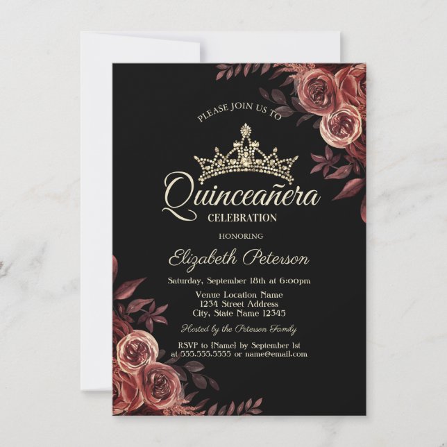 Stiliga Mörkröda Rosor Gotisk Quinceañera Inbjudningar (Framsida)