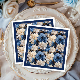 Stiliga Navy Vita Elfenbensfärgade Blommiga Dekora Pappersservett