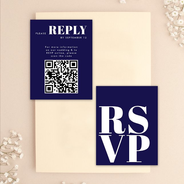 Stiliga Navyblå RSVP-kort för Bröllops QR-kod OSA Kort (Front / Back)