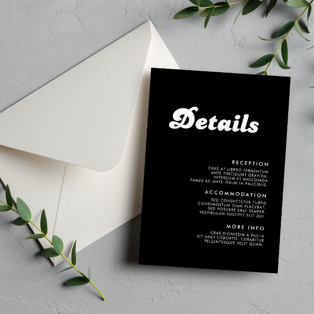 Stiliga Retro Svarta & Vita Bröllopsdetaljer Tilläggskort (Retro black and white details card shares key info with a clean, stylish wedding touch.)