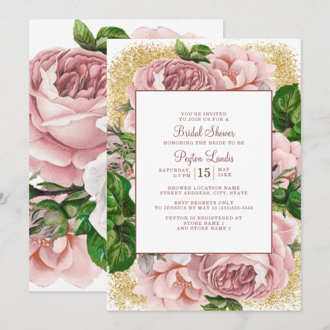 Stiliga rosa blommor Guldglitter Bröllopsdusch Inbjudningar (Fram/baksida)