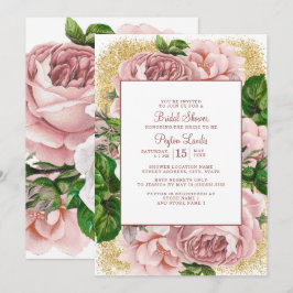 Stiliga rosa blommor Guldglitter Bröllopsdusch Inbjudningar