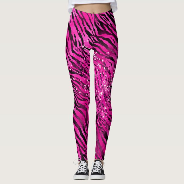 Stiliga rosa och svarta glitter tiger ränder leggings (Framsida)
